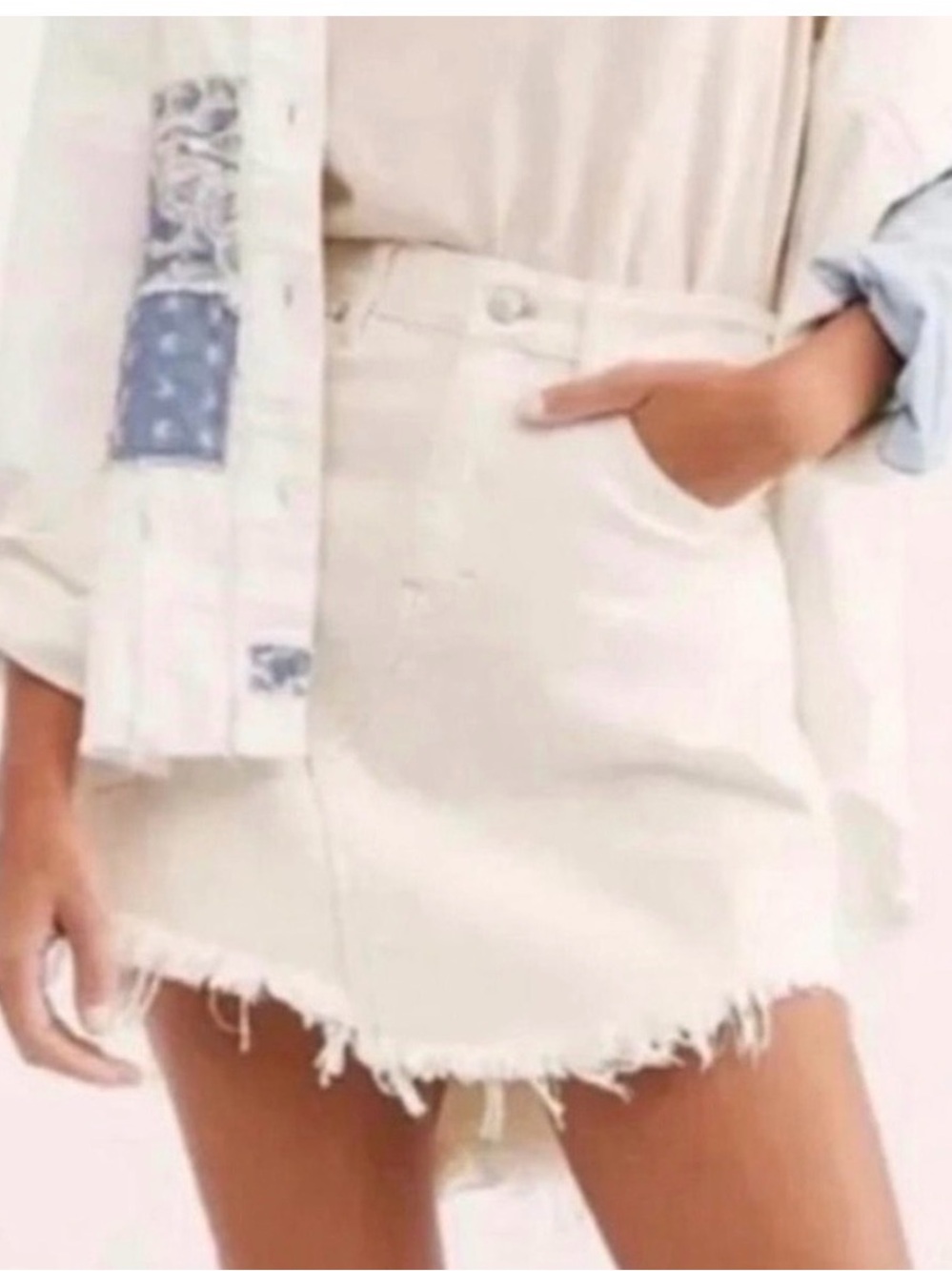 Free People Cream Frayed Hem Denim Mini Skirt